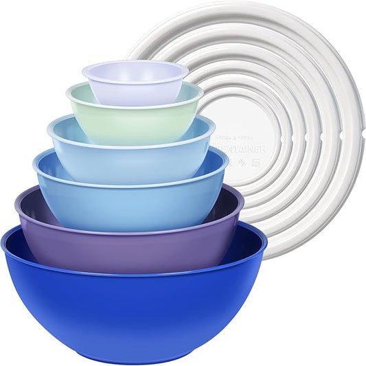 Greentainer Plastic Mixing Bowls with Lids Set for Kitchen, 6 Set Nesting Bowls for Mixing, Baking, Prepping, Cooking and Serving Food, Mixing Bowls Dishwasher, Microwave Safe