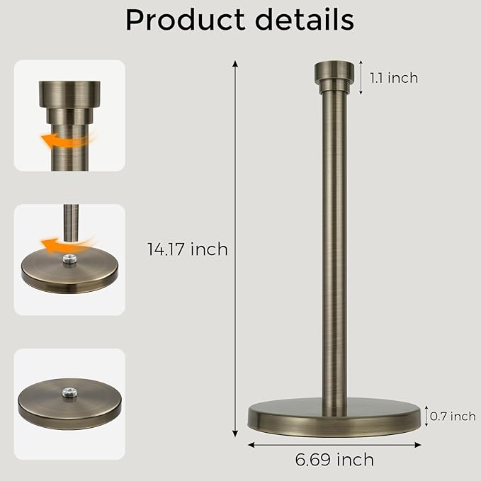 Antique Bronze Paper Towel Holder Countertop, Freestanding Paper Towel Stand with Weighted Non-Slip Base, Easy Assembly, Unique Decorative End Cap for Kitchen and Bathroom - Image 8