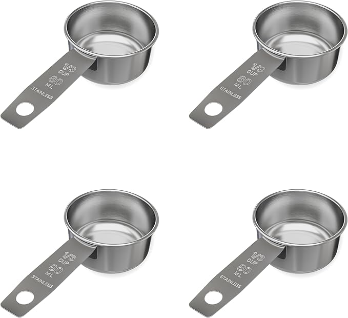 1/3 Cup Stainless Steel Measuring Cup | Sturdy Metal 80 ml | 80 cc | 3 oz | Single Cup for Wet and Dry Ingredients | Great for use as 1/3 Cup Dog Food Scoop - 4 PK by Knupp+Co.
