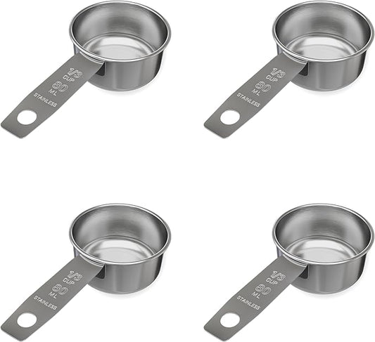 1/3 Cup Stainless Steel Measuring Cup | Sturdy Metal 80 ml | 80 cc | 3 oz | Single Cup for Wet and Dry Ingredients | Great for use as 1/3 Cup Dog Food Scoop - 4 PK by Knupp+Co.