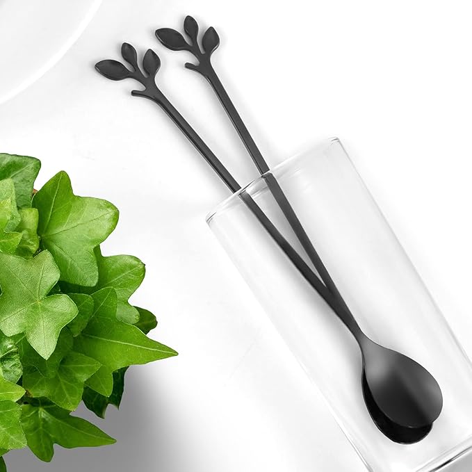 AnSaw 6-Piece Elegant Black Leaf Long Handle Teaspoons - 7.4" Stainless Steel Stir Spoons for Coffee & Tea, Perfect for Mixing & Stirring - Image 4