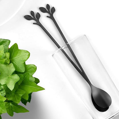 AnSaw 6-Piece Elegant Black Leaf Long Handle Teaspoons - 7.4" Stainless Steel Stir Spoons for Coffee & Tea, Perfect for Mixing & Stirring - Image 4