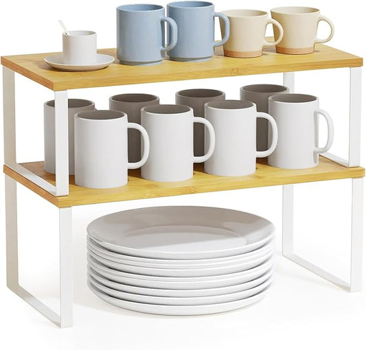 SpaceAid Cabinet Shelf Organizers 2 Pack, Kitchen Counter Rack Shelves Riser, Stackable Expandable Spice Rack, Pantry Cupboard Storage Organization (White and Natural, Long) by SpaceAid