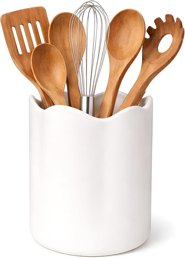 Ceramic Utensil Holder for Kitchen Counter, 7.1" Large Kitchen Utensil Holder for Countertop with Cork Bottom, Cooking Tool Organizer for Spatula, Matte White by Unknown