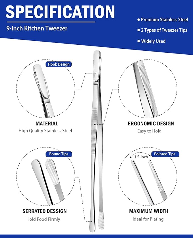 JETKONG 2 Pcs 9-Inch Kitchen Tweezers Cooking Tweezers Stainless Steel Tweezers Tongs (Silver) - Image 2