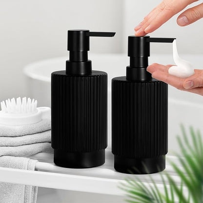 VIMERPA Hand and Dish Soap Dispenser Set for Kitchen, 2 Pack 11 fl oz Matte Black Ribbed Glass Soap and Lotion Dispensers Sets with Pump for Bathroom, Modern Refillable Liquid Soap Pump Bottle