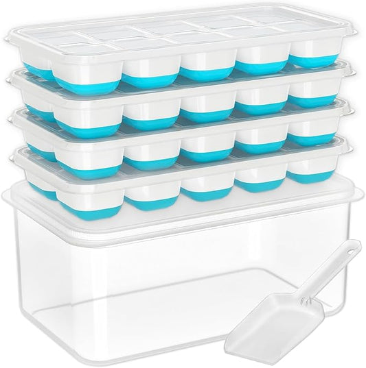 DOQAUS Ice Cube Tray with Lid and Bin - 4 Pack Silicone Ice Cube Trays for Freezer, Stackable Ice Bucket Kits with Storage Container & Scoop for Kitchen, RV, Cocktail, Coffee by DOQAUS