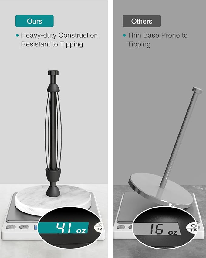 Paper Towel Holder Countertop, Marble Weighted Base, Glossy Black, One-Handed Tear, Freestanding Paper Towel Stand Rack with Ratchet Mechanism for Kitchen Toilet Bathroom Essentials Decor Accessories - Image 4