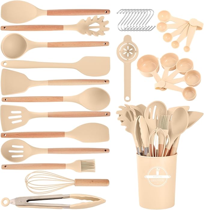 Kitchen Utensils Set - 34 PCS Non-Stick Silicone Cooking Utensils Set Spatula Set with Holder, Wooden Handle Spoon,Brush,Whisk Kitchen Gadgets Tools Set for Nonstick Cookware (Khaki-34P) by Stylishkitchenjoyfulmoment