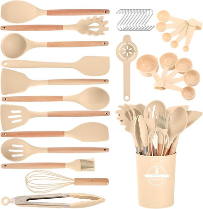 Kitchen Utensils Set - 34 PCS Non-Stick Silicone Cooking Utensils Set Spatula Set with Holder, Wooden Handle Spoon,Brush,Whisk Kitchen Gadgets Tools Set for Nonstick Cookware (Khaki-34P) by Stylishkitchenjoyfulmoment