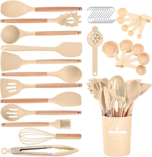 Kitchen Utensils Set - 34 PCS Non-Stick Silicone Cooking Utensils Set Spatula Set with Holder, Wooden Handle Spoon,Brush,Whisk Kitchen Gadgets Tools Set for Nonstick Cookware (Khaki-34P) by Stylishkitchenjoyfulmoment