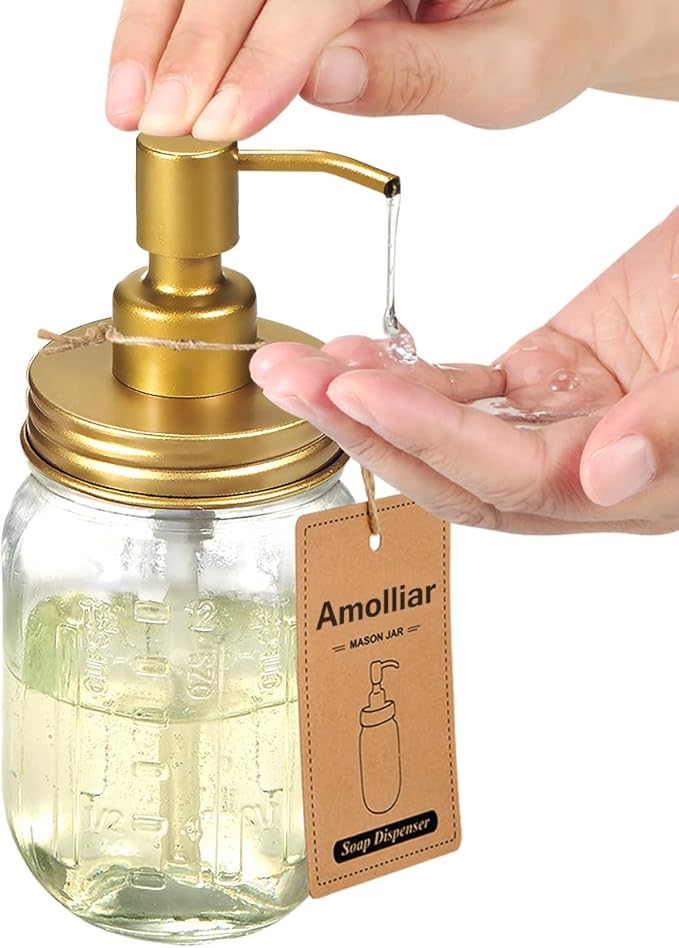 Amolliar Mason Jar Liquid Soap Dispenser -Rustproof Stainless Steel Farmhouse Decor for Bathroom Vanities,Kitchen Sink/ Liquid Soap Pumps for Hand Soap,Dish Soap,Lotions/Golden -2 Pack - Image 3