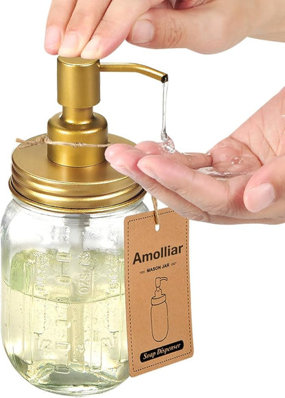 Amolliar Mason Jar Liquid Soap Dispenser -Rustproof Stainless Steel Farmhouse Decor for Bathroom Vanities,Kitchen Sink/ Liquid Soap Pumps for Hand Soap,Dish Soap,Lotions/Golden -2 Pack - Image 3