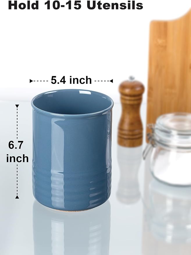 ABRUTY Utensil Holder, 6.7" Ceramic Kitchen Utensil Crock for Countertop Cooking, Modern Utensil Caddy Jar Organizer for Farmhouse Kitchen Counter Décor, Blue - Image 2