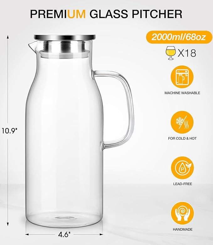 Glass Pitcher with Lid, 2 Liter 68oz Water Pitcher with Handle for Fridge, Large Drink Jug for Iced Tea, Coffee, Juice, Borosilicate Glass Carafe for Hot/Cold Brew Beverage, Heat Resistant - Image 3