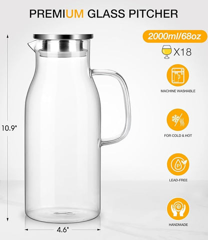 Glass Pitcher with Lid, 2 Liter 68oz Water Pitcher with Handle for Fridge, Large Drink Jug for Iced Tea, Coffee, Juice, Borosilicate Glass Carafe for Hot/Cold Brew Beverage, Heat Resistant - Image 3