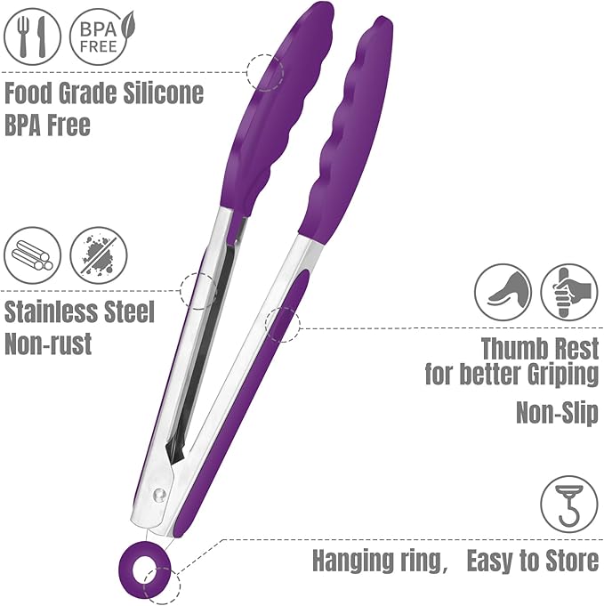 Hotec Mini Silicone Kitchen Tongs for Cooking - 7-Inch Small Serving Tongs with Silicone Tips, Set of 3 (Purple) - Image 5