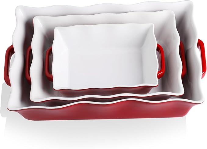 Sweejar Casserole Dishes for Oven, Ceramic Bakeware Set of 3, Rectangular Baking dish with Handles, Wave Edge Lasagna Pan Deep for Cooking, Cake, Dinner, Banquet and Daily Use (Red) by Sweejarco1949