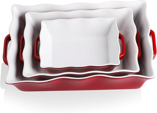 Sweejar Casserole Dishes for Oven, Ceramic Bakeware Set of 3, Rectangular Baking dish with Handles, Wave Edge Lasagna Pan Deep for Cooking, Cake, Dinner, Banquet and Daily Use (Red) by Sweejarco1949