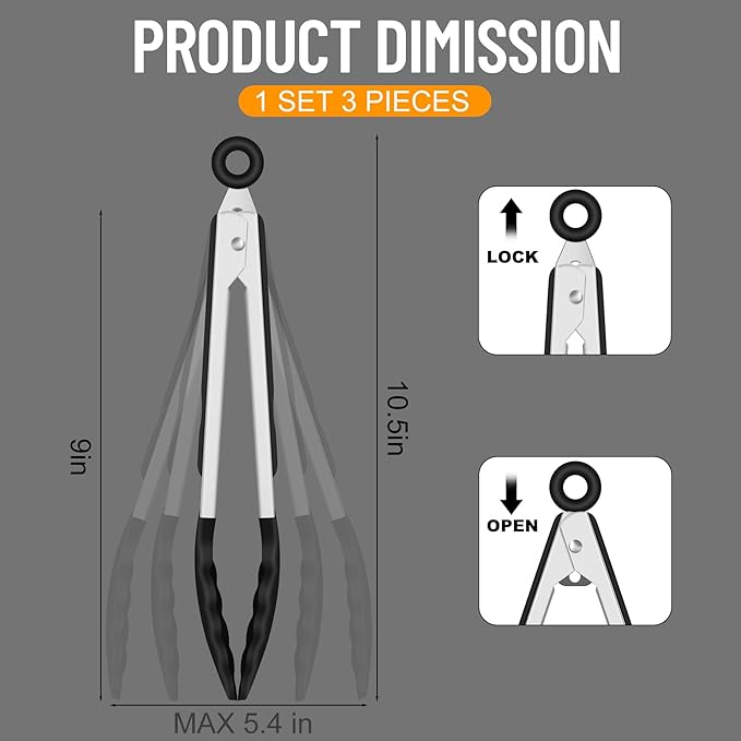 Hotec Silicone Kitchen Tongs for Cooking 9-Inch Serving Tongs with Silicone Tips, Set of 3 (Black) - Image 2