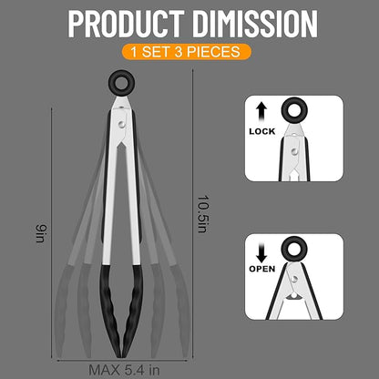 Hotec Silicone Kitchen Tongs for Cooking 9-Inch Serving Tongs with Silicone Tips, Set of 3 (Black) - Image 2
