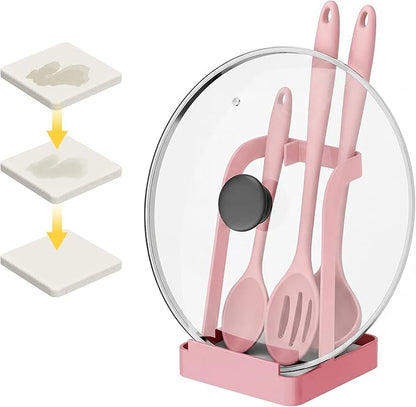 NiHome Kitchen Utensil Holder for Pot Lids & Spoons Pink Kitchen Accessories with White Diatomite Drip Tray, Non-Slip Base, Metal Cooking Spoon Rest, 3.9"x3.9"x6" Countertop Organizer (Pink) by NiHome