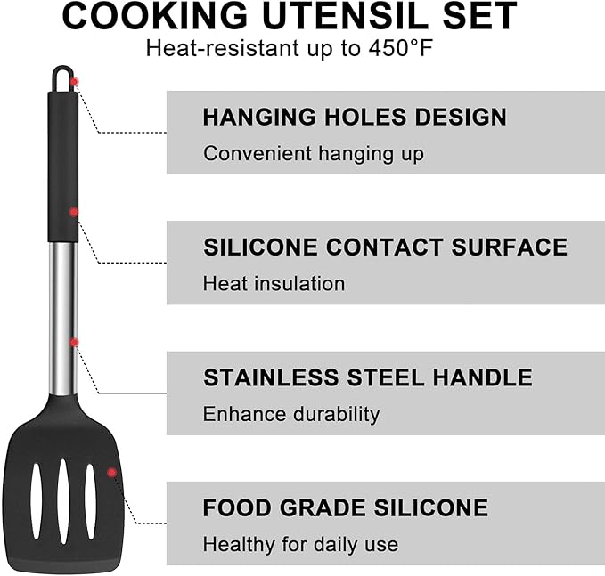 E-far Silicone Cooking Utensils Set, 7 Pcs Heat Resistant Kitchen Utensils with Stainless Steel Handle, Slotted Turner, Spoon, Soup Ladle, Pasta Server, Skimmer, Tongs for Nonstick Cookware, Black - Image 5