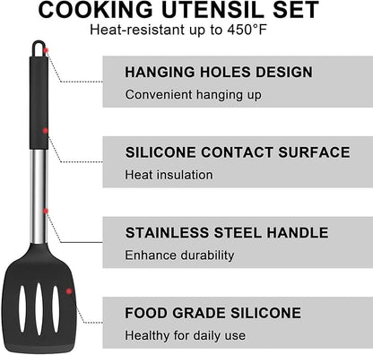 E-far Silicone Cooking Utensils Set, 7 Pcs Heat Resistant Kitchen Utensils with Stainless Steel Handle, Slotted Turner, Spoon, Soup Ladle, Pasta Server, Skimmer, Tongs for Nonstick Cookware, Black - Image 5
