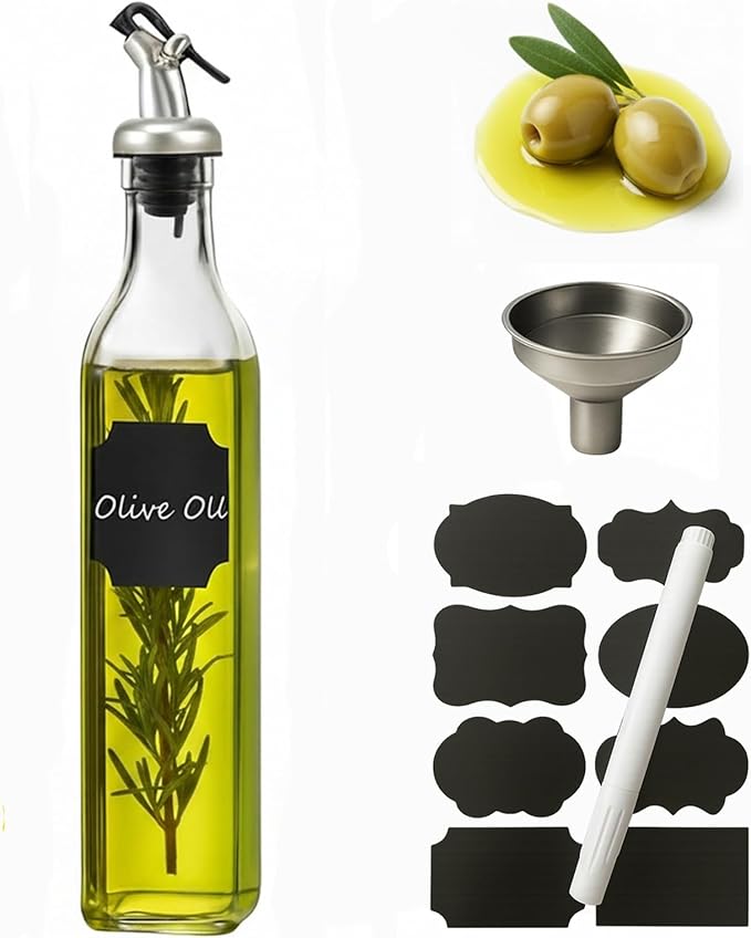 WERTIOO Olive Oil Dispenser Bottle, 17 OZ Glass Oil Dispenser for Kitchen with 1 Pourer,1 Stainless Steel Funnel & 1 Pen and 8 Label for Kitchen (500ml) by WERTIOO