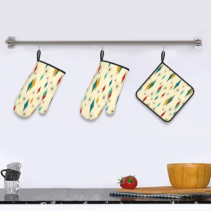 Mid Century Modern Oven Mitts and Pot Holders Set Heat Resistant Non Slip Set of 3 Retro Decor Kitchen Gloves Hot Pads for Cooking BBQ Baking Grilling - Image 6