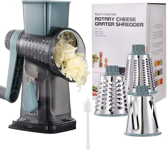 Rotary Cheese Grater, 3-in-1 Shredder for Cheese Vegetables Nuts with Hand Crank - Interchangeable Stainless Steel Blades, Strong Suction Base, Finger-Safe Design, BPA Free, Blue