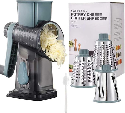 Rotary Cheese Grater, 3-in-1 Shredder for Cheese Vegetables Nuts with Hand Crank - Interchangeable Stainless Steel Blades, Strong Suction Base, Finger-Safe Design, BPA Free, Blue