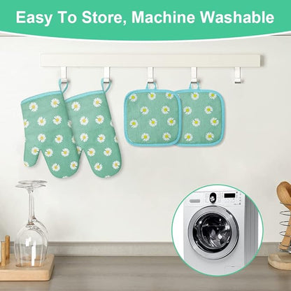 AUAUY Oven Mitts and Potholders, BBQ Gloves Heat Resistant, 1 Pair Oven Mitts and 2 Pot Holders, Cotton Non-Slip Cooking Gloves Home Essentials for Cooking Baking Kitchen Microwave Pizza (Daisy-Green) - Image 6