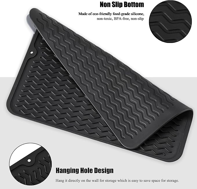Large 24" x 18" Silicone Dish Drying Mat for Kitchen Counter, Easy clean, Quick Dry, Heat-resistant Dish Drainer Mat for Sink,Refrigerator or Drawer liner (Food Grade Silicone-Beige) - Image 5