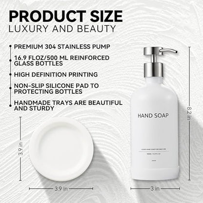 Glass Soap Dispenser Bathroom Set by Janxin, Foaming Kitchen soap Dispenser with Ceramic Tray for Dish Soap, Liquid Soap Dispenser for Hand Soap, Lotion, Body Wash (White+Silver)