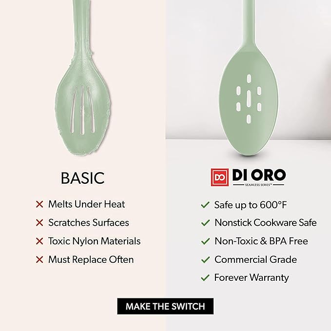 DI ORO Silicone Spoons for Cooking - Large Kitchen Spoons for Mixing, Serving, & Stirring - 600°F Heat-Resistant Non Stick Utensils – Big Solid & Slotted Basting Spoons - Dishwasher Safe (2pc, Sage) - Image 7