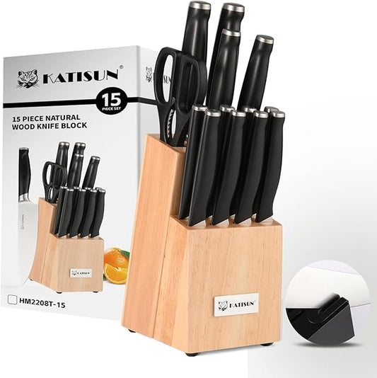 15-Piece Kitchen Knife Set with Block, ABS Ergonomic Handle for Chef Knife Set and Serrated Steak Knives Knife Sharpener and Kitchen Shears, Dishwasher Safe, Natural Block by KATISUN