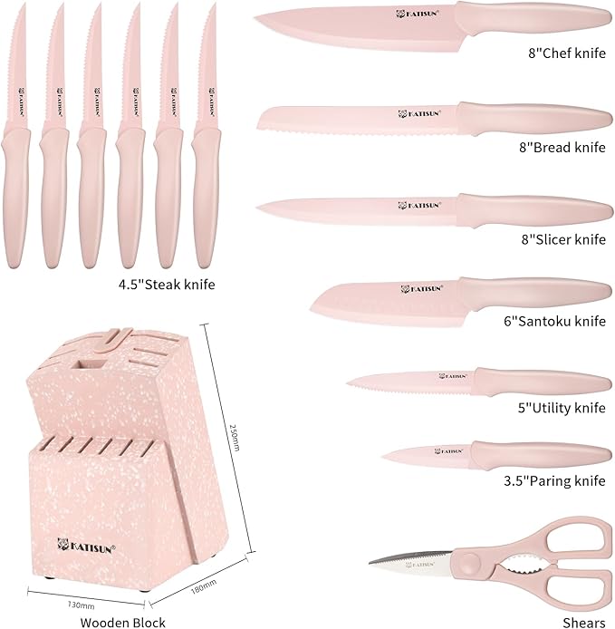 Knife Set, 15 Pieces Knives Sets for Kitchen with Block, Dishwasher Safe Kitchen Knife Set with Built in Sharpener Block, German High Carbon Stainless Steel Knife Block Set with Pink Nonstick Coating - Image 2