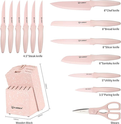 Knife Set, 15 Pieces Knives Sets for Kitchen with Block, Dishwasher Safe Kitchen Knife Set with Built in Sharpener Block, German High Carbon Stainless Steel Knife Block Set with Pink Nonstick Coating - Image 2