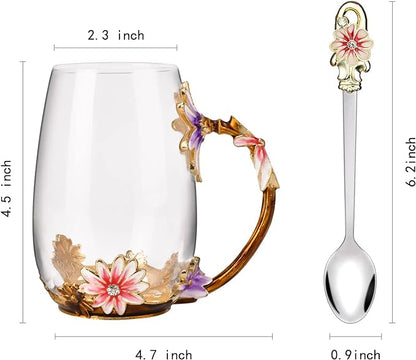 OEAGO Purple Gifts for Women Mom Mothers Day Glass Coffee Enamels Mug Best Birthday Flower Gifts for Her from Daughter Son Lead-Free Christmas Tea Cup with Spoon Set - Image 2