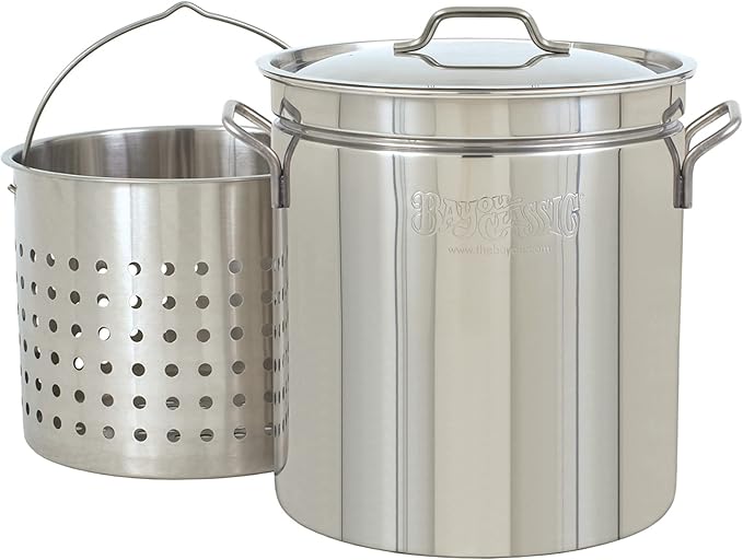 Bayou Classic 1124 24-qt Stainless Stockpot w/Lid And Basket Includes Vented Lid Perforated Stainless Steel Basket Perfect For Steaming Boiling and Frying by BayouClassic%C2%AE