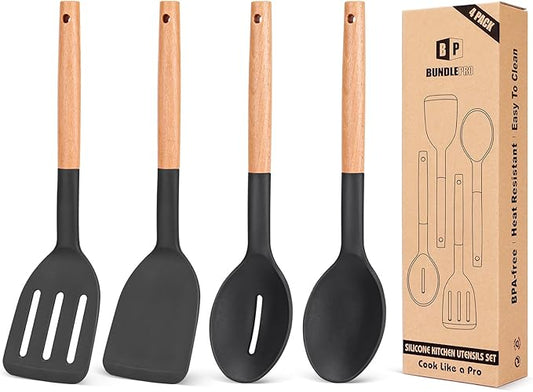 Pack of 4 Silicone Cooking Utensils Set, Non Stick Solid Spatulas and Heat Resistant Slotted Spoons with Wooden Handle, Ideal Wood Kitchen Utensils Set for Frying,Serving,Turning,Stirring (BLACK) by BUNDLEPRO