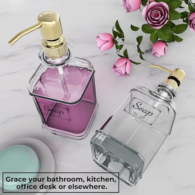 GLADPURE Soap Dispenser - 2 Pack, 18 Oz Antique Design Thick Glass Hand Soap Dispensers; with 304 Rust Proof Stainless Steel Pump, 6Pcs Clear Stickers, for Kitchen, Bathroom - Gold - Image 5
