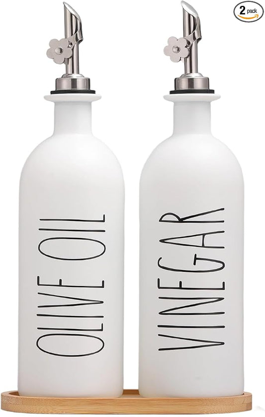 HOMCDALY 16oz Olive Oil Dispenser Bottles for Kitchen, White Oil and Vinegar Dispenser Set, Two Olive Oil Bottles with Bamboo Tray | Set of 2 (16oz-P-White) by HOME