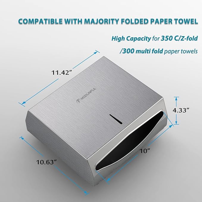 Paper Towel Dispenser Wall Mount: Large Capacity Commercial Paper Towel Holder for Bathroom with Lock, 300 Z/C Fold/280 Multifold Towels, Heavy Duty Brushed Stainless Steel