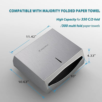Paper Towel Dispenser Wall Mount: Large Capacity Commercial Paper Towel Holder for Bathroom with Lock, 300 Z/C Fold/280 Multifold Towels, Heavy Duty Brushed Stainless Steel