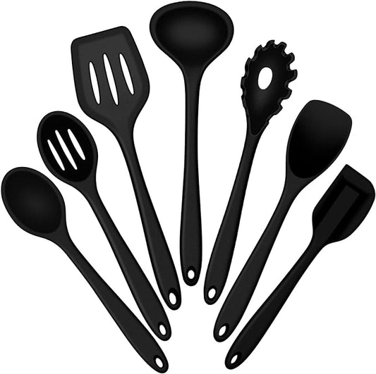E-far Silicone Cooking Utensils Set, 7-Piece Black Heat Resistant Kitchen Utensils Set, Kitchen Nonstick Tools Spatula Ladle Spoon Pasta Server for Non-stick Cookware, Non-Toxic & Dishwasher safe by E-far