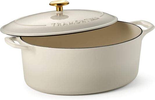 Tramontina Bestow Enameled Cast Iron Oval Dutch Oven Pot with Lid, Large 7-quart, Latte (Gold Knob) by Tramontina