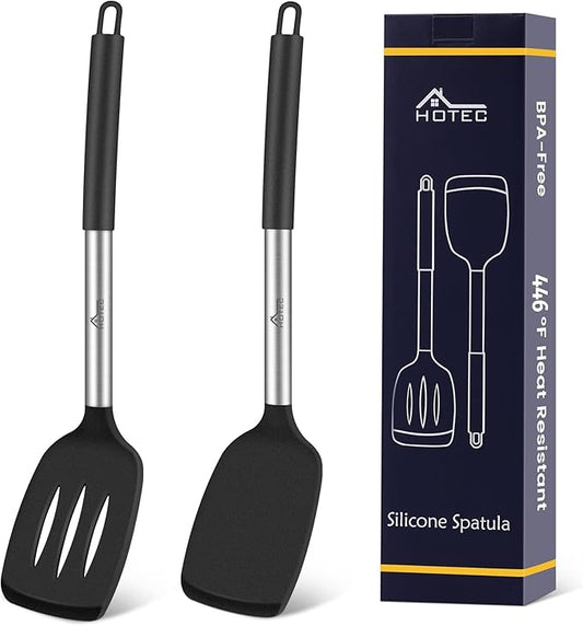 HOTEC Silicone Spatula Set of 2, High Heat-Resistant & BPA-Free Kitchen SaptulaTurner with Stainless Steel Handles, Slotted & Solid Spatulas for Nonstick Cookware, 13.7 Inch, Black