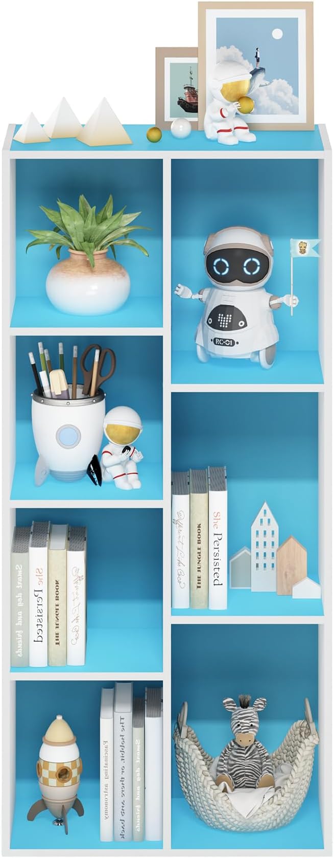 Furinno LUDER Book Shelf, 7-Cube Bookshelf, Bookcase with Open Shelves, 9.4 x 19.5 x 41.7, Easy Assembly, for Living Room, Bedroom, Home Office, White/Light Blue - Image 5